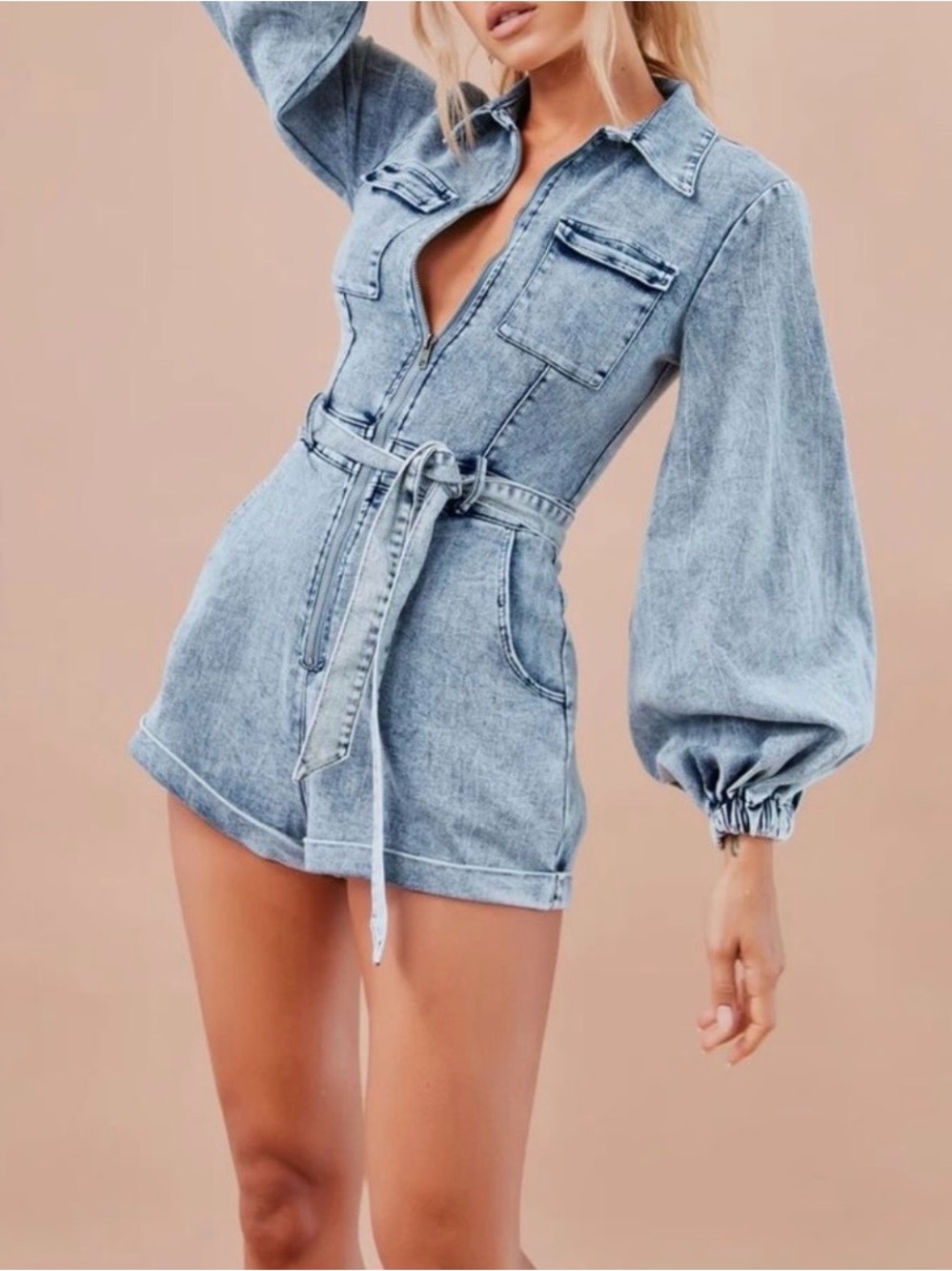 Sage + Paige Denim Belted Collared Long Sleeve Zip Romper Blue Women’s M